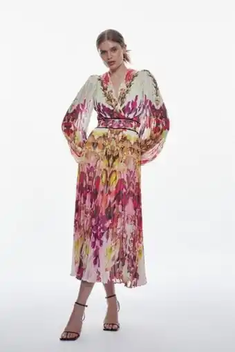 Karen Millen Mirrored ombre floral pleat drama woven midi dress oferta