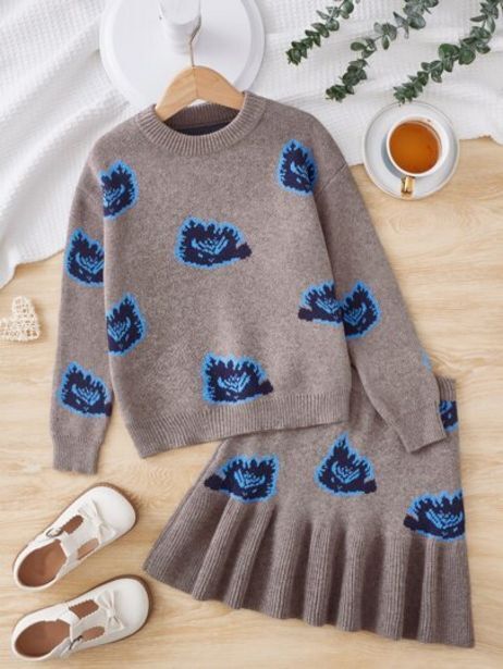 Shein Niñas con patrón de dibujo jersey & bajo con fruncido falda de punto oferta
