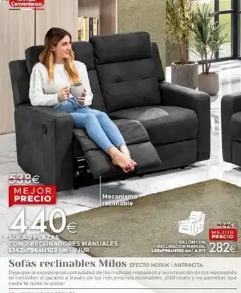 Mondo Convenienza 538€ mejor precio mecanismo reclinable 440€ -sofá 2 plazas con 2 reclinadores manuales l142xp96xh103 cm|vjur sillon con oferta