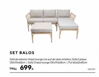 Casa Viva Set balos sofá de exterior chaise lounge con puf de ratán sintético. sofá 2 plazas 130x70x68cm | sofá chaise lounge 130x70x6 oferta
