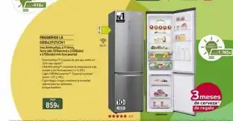 Euronics -416€ frigorifico lg gbb62pz5cn1 inox antihuellas 419 litros serie 600, 59slanchol x 2.000 x675(fondo) mm (con puertal doo oferta