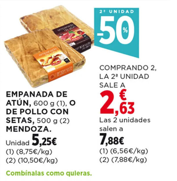 Hipercor EMPANADA DE ATÚN, 600 g (1), O DE POLLO CON SETAS, 500 g (2) MENDOZA. oferta