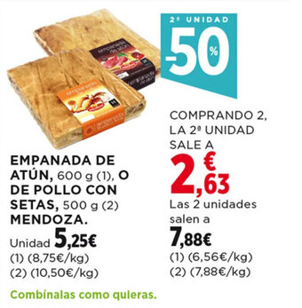 Hipercor EMPANADA DE ATÚN, 600 g (1), O DE POLLO CON SETAS, 500 g (2) MENDOZA. oferta