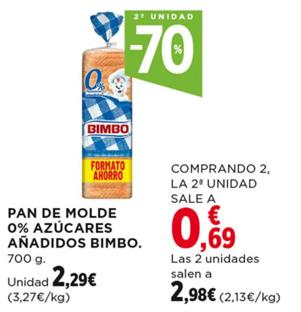 Hipercor PAN DE MOLDE 0% AZÚCARES AÑADIDOS BIMBO. oferta