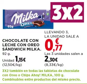 Hipercor CHOCOLATE CON LECHE CON OREO SÁNDWICH MILKA. 92 g. oferta