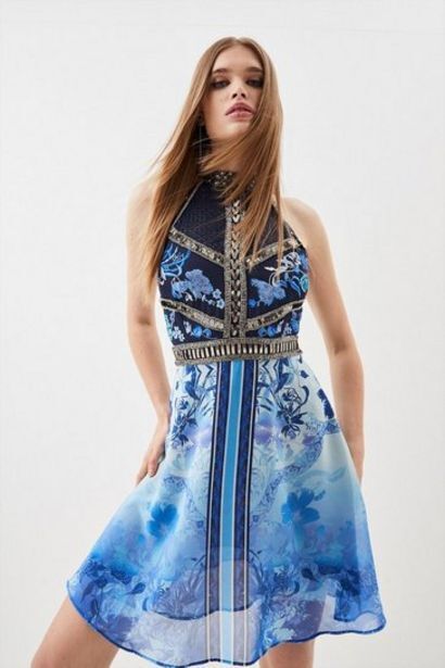 Karen Millen Cross front beaded embellished woven mini dress oferta