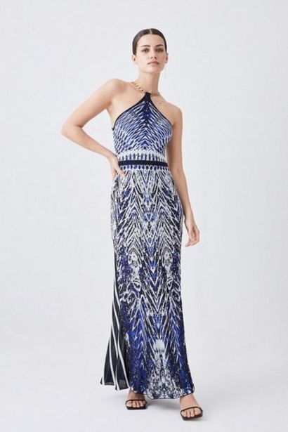 Karen Millen Petite slinky knit mirrored jacquard geo chain maxi dress oferta
