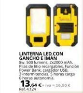 Coferdroza Linterna led, con gancho e imán 8w. 500 lumens. 2x2000 mah. pilas de litio recargables. función power bank, cargador usb, 3 oferta