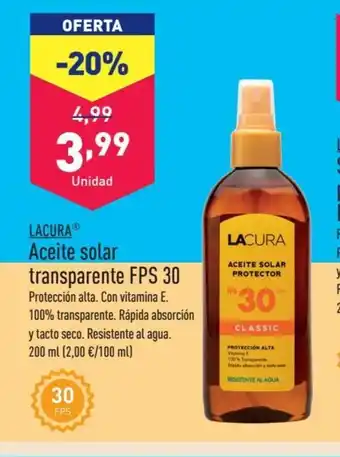 ALDI LACURAⓇ Aceite solar transparente FPS 30 oferta