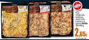 Unide Market Pizza refrigerada barbacoa, jamón york y queso o 4 quesos unide oferta