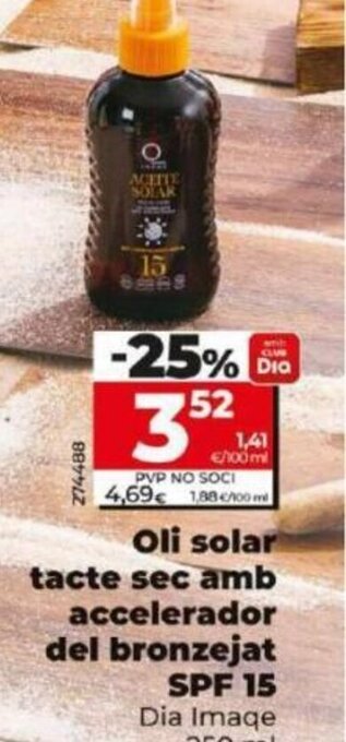 Dia Oli solar tacte sec amb accelerador del bronzejat oferta