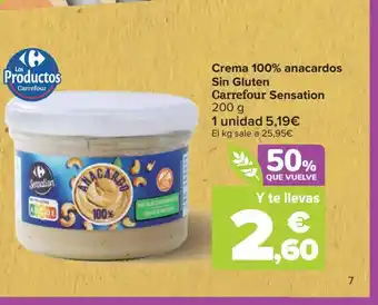 Carrefour Crema 100% anacardos Sin Gluten Carrefour Sensation 200 g oferta