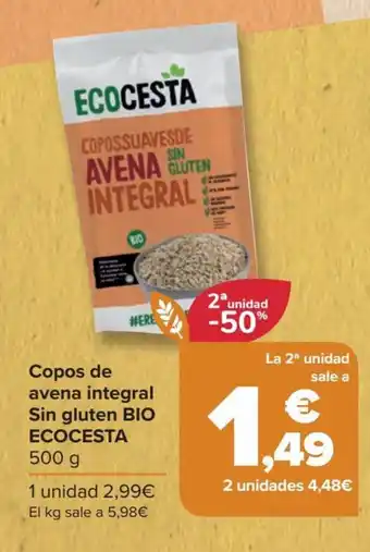 Carrefour Copos de avena integral Sin gluten BIO ECOCESTA 500 g oferta