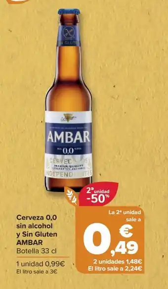 Carrefour Cerveza 0,0 sin alcohol y Sin Gluten AMBAR oferta