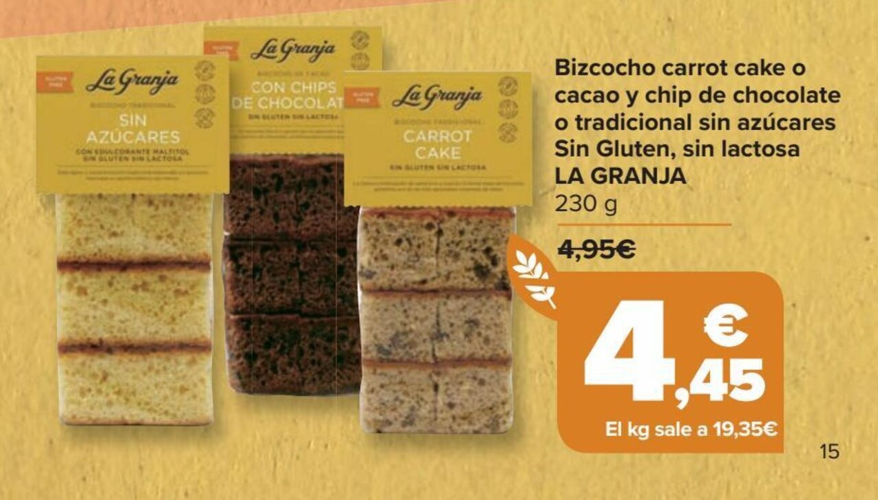 Carrefour Bizcocho carrot cake o cacao y chip de chocolate o tradicional sin azúcares Sin Gluten, sin lactosa LA GRANJA oferta