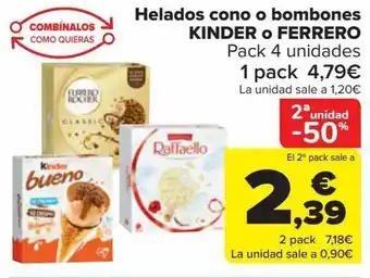 Carrefour Helados cono o bombones kinder o ferrero oferta