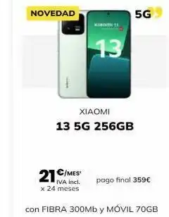 Novedad 1 13 xiaomi 13 5g 256gb 21€/mes iva incl. x 24 meses con fibra 300mb y móvil 70gb 5g pago final 359€