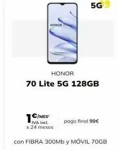 Honorin honor 70 lite 5g 128gb 1€/mes iva incl. x 24 meses con fibra 300mby móvil 70gb 5g pago final 99€