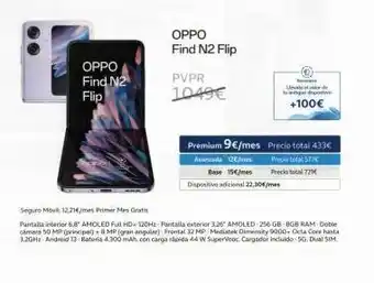 Movistar Oppo find n2 flip oppo find n2 flip pvpr 1049€ base 15€/mes dispositivo adicional 22,30€/mes antidoptive +100€ premiu oferta