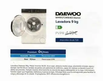Premium 0€/mes avanzada 6€/mes base 7€/mes precio total 299€ precio total 337€ daewoo wm912tzwb4es blanco lavadora 9 kg