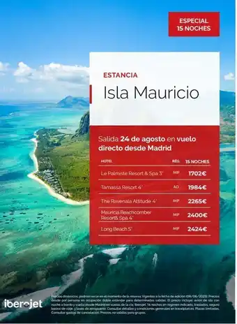 Travelplan Iberojet estancia isla mauricio salida 24 de agosto en vuelo directo desde madrid hotel le palmiste resort & spa 3* tam oferta