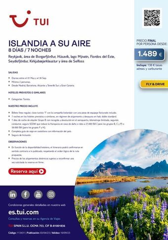 Tui Travel PLC ~ tui islandia a su aire 8 días / 7 noches reykjavik, área de borgarfjörður, húsavík, lago mývatn, fiordos del este, seydi oferta