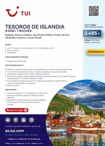 Tui Travel PLC I tui tesoros de islandia 9 días / 7 noches reykjavik, akureyri, godafoss, lago myvatn, detifoss, fiordos del este, jökul oferta