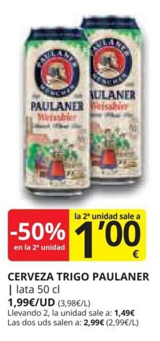 Supermercados MAS CERVEZA TRIGO PAULANER oferta
