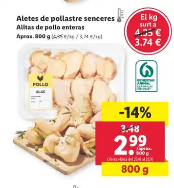 Lidl Aletes de pollastre senceres Alitas de pollo enteras oferta