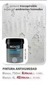 BricoCentro Pintura transpirable especial ambientes húmedos monto pintura antihumedad blanco. 750ml. 8,95€/ud.(11.94€) blanco, 4l. 42,9 oferta