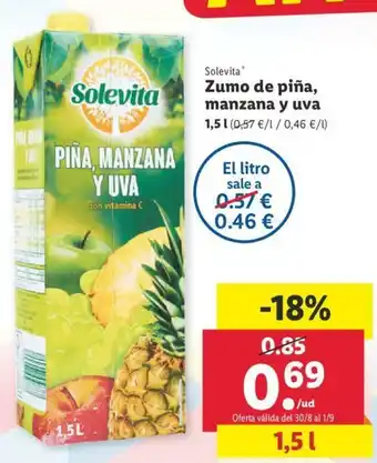 Lidl Solevita Zumo de piña, manzana y uva 1,5L oferta