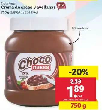 Lidl Choco Nussa Crema de cacao y avellanas 750g oferta