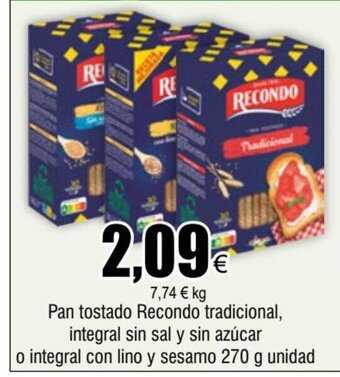 FROIZ Pan tostado Recondo tradicional, integral sin sal y sin azúcar o integral con lino y sesamo 270 g unidad oferta