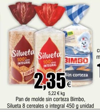 FROIZ Pan de molde sin corteza Bimbo, Silueta 8 cereales o integral 450 g unidad oferta