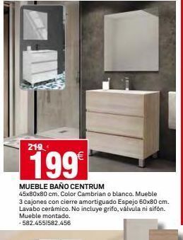 Bricoking 219 199€ mueble baño centrum 45x80x80 cm. color cambrian o blanco. mueble 3 cajones con cierre amortiguado espejo 60x80 c oferta
