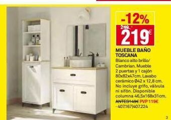 Bricoking -12% 249 219 mueble baño toscana blanco alto brillo/ cambrian. mueble 2 puertas y 1 cajón 80x82x47cm. lavabo cerámico 0 oferta