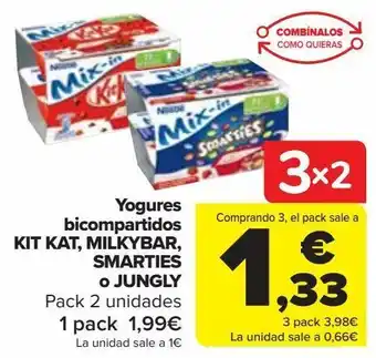 Carrefour Yogures bicompartidos kit kat, milkybar, smarties o jungly oferta