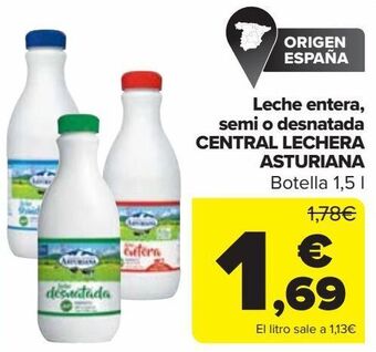 Carrefour Leche entera, semi o desnatada central lechera asturiana oferta