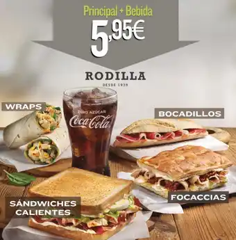 Rodilla Wraps principal + bebida 5.95€ sandwiches calientes rodilla desde 1939 zero azúcar coca-cola bocadillos focaccias oferta