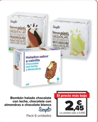 Carrefour Bombón helado chocolate con leche, chocolate con almendras o chocolate blanco Simply oferta
