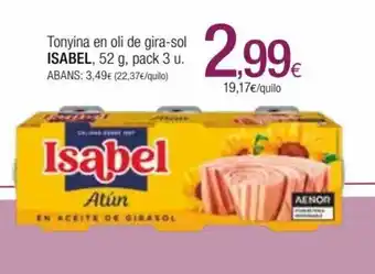 Condis Tonyina en oli de gira-sol ISABEL, 52 g, pack 3 u. ABANS: 3,49€ (22,37€/quilo) oferta