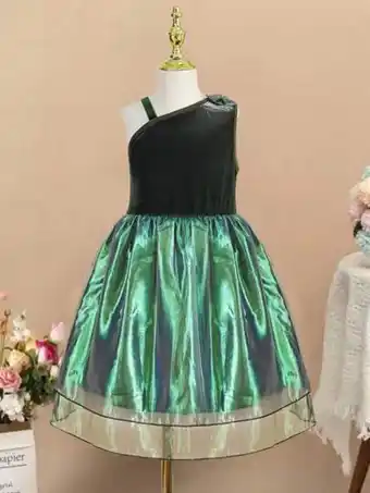 Shein Chicas vestido de fiesta de cuello asimétrico de hombros con lazo de color metálico con malla bajo oferta