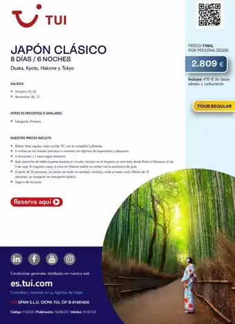 Tui Travel PLC ~ tui japón clásico 8 días / 6 noches osaka, kyoto, hakone y tokyo salidas • octubre: 23.30. • noviembre: 06, 13. hote oferta