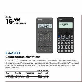 Staples Kalamazoo Desde  16,99€  la calculadora  modelo  ref. f5-64528 fx-82ms-2 240 f5-104860 fx-82spcw 293  casio  calculadoras científicas   oferta