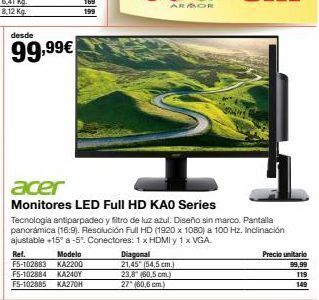 Staples Kalamazoo Desde  99,99€  ref. modelo f5-102883 ka2200 f5-102884 ka240y f5-102885 ka270h  arbor  acer  monitores led full hd kao series  oferta