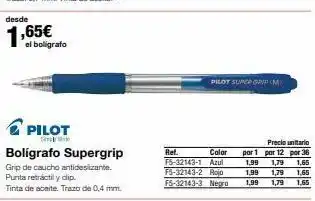 Staples Kalamazoo Desde 1,65€ el boligrafo pilot bolígrafo supergrip grip de caucho antideslizante. punta retráctil y clip. tinta de acei oferta