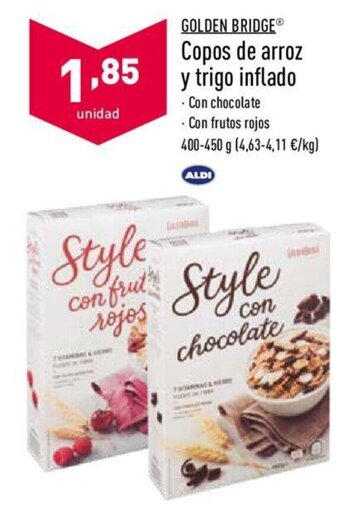 ALDI Golden Bridge Copos de arroz y trigo inflado 400-450g oferta