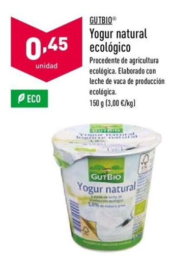 ALDI Gutbio Yogur natural ecológico 150g oferta
