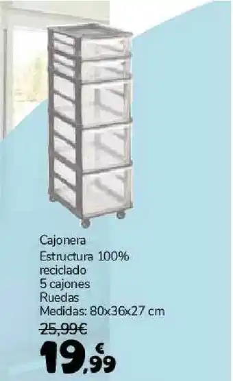 Carrefour Cajonera Estructura 100% Reciclado 5 Cajones Ruedas 80x36x27cm oferta