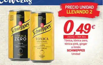 Supermercados Plaza Schweppes Tónica, tónica zero, tónica pink, ginger o limón Unidad 250ml oferta